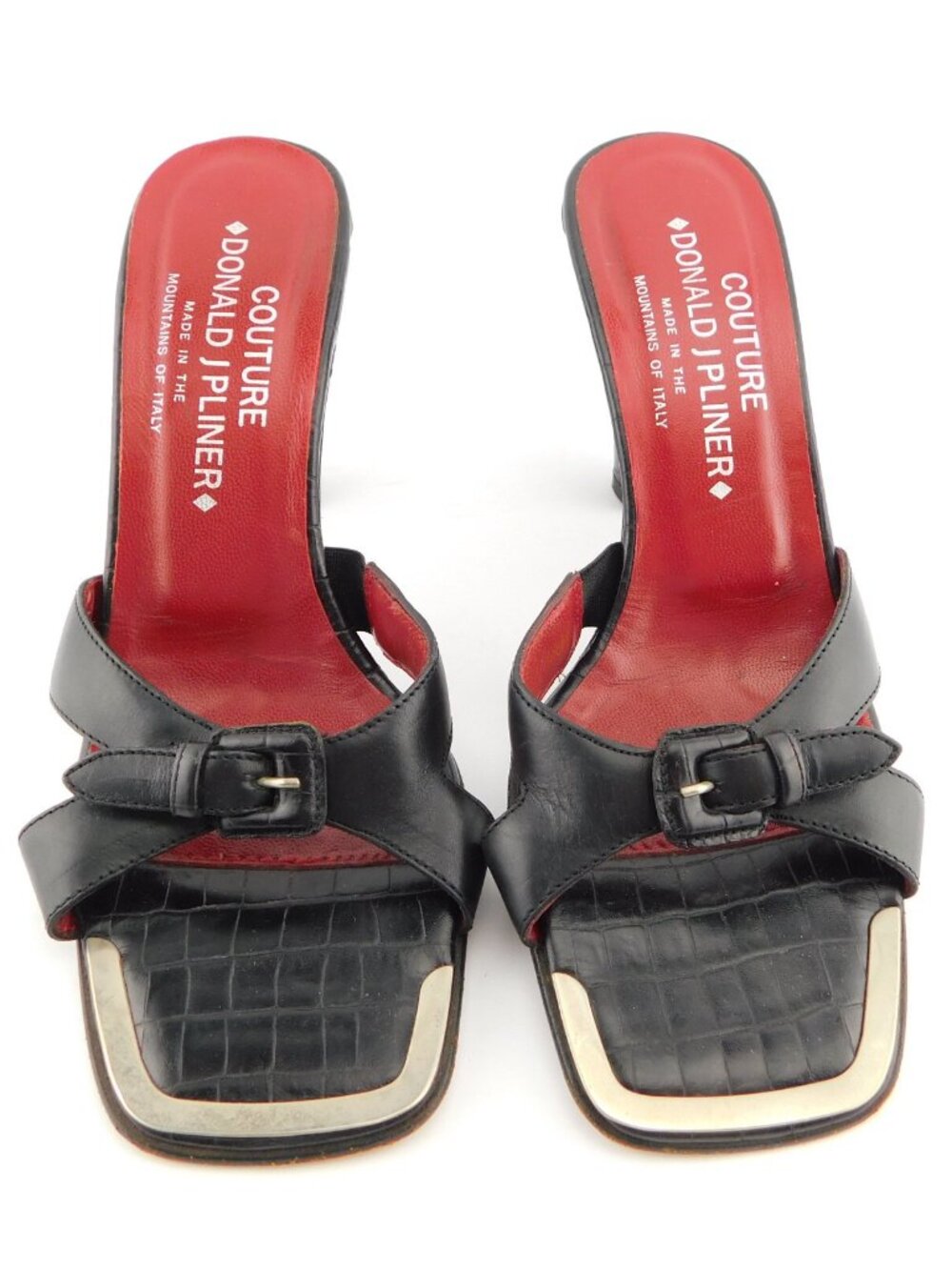 DONALD J PLINER Black Alligator Belted Buckle Leather Slide Heel Sandals  6.5